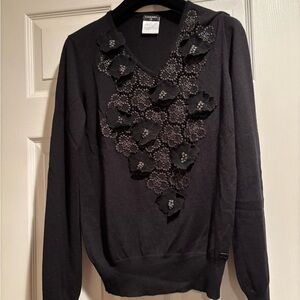 Chanel 💯 %Cashmere Black Sweater with Floral Accents